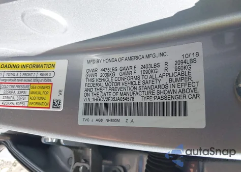 2018 Honda Accord Sport 2.0T z USA, uszkodzony, nr VIN 1HGCV2F35JA054578